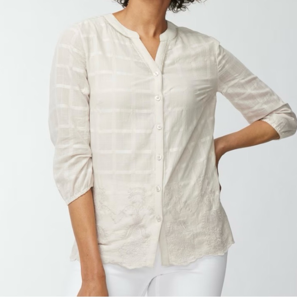 NWT Chico’s Shadow Stripe Beaded Boyfriend Shirt. Beaded and embriodered tunic